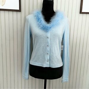 Pssst Vintage Y2K Baby Blue Feathery Trim Cardigan Sweater